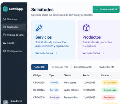 Solicitudes de servicios y productos en Serviapp