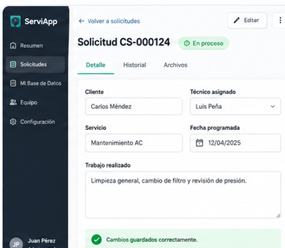 Detalle de solicitud en Serviapp